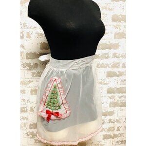 Vintage Sheer Christmas Hostess Apron Handmade Tree Pocket Ruffle Trim